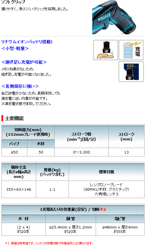 マキタ　10.8V　1.3Ah　充電式レシプロソー　JR101DW