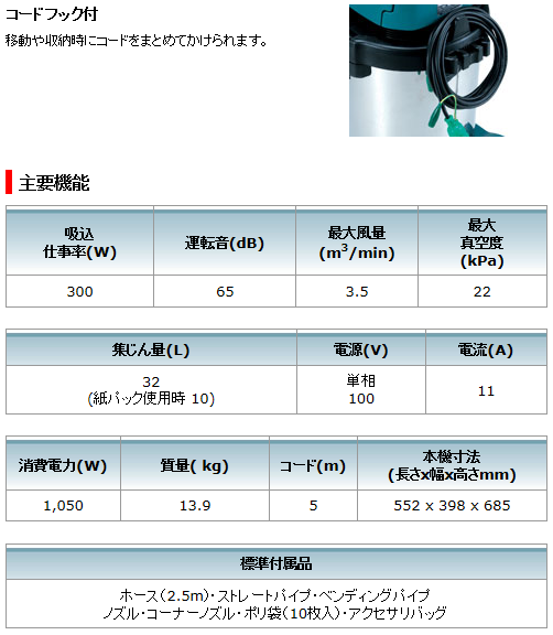 マキタ 電気式集塵機 粉じん専用 連動コンセント付 32L 491(P)の マキタ 電気式集塵機 粉じん専用 連動コンセント付 32L 491(P)の