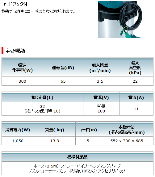 マキタ　電気式集塵機　粉じん専用　連動コンセント付　32L　491(P)