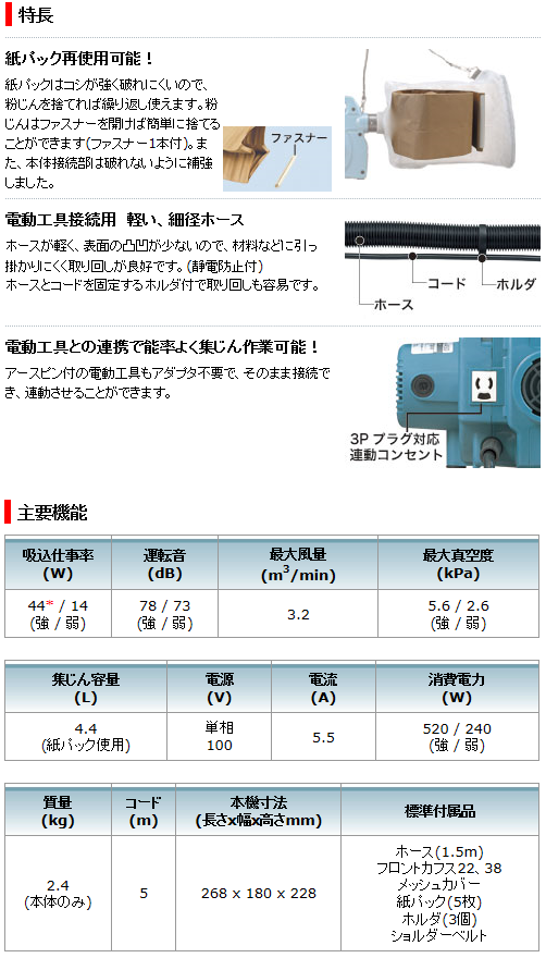 マキタ　電気式携帯用集じん機　451(P)　集じん容量4.4L