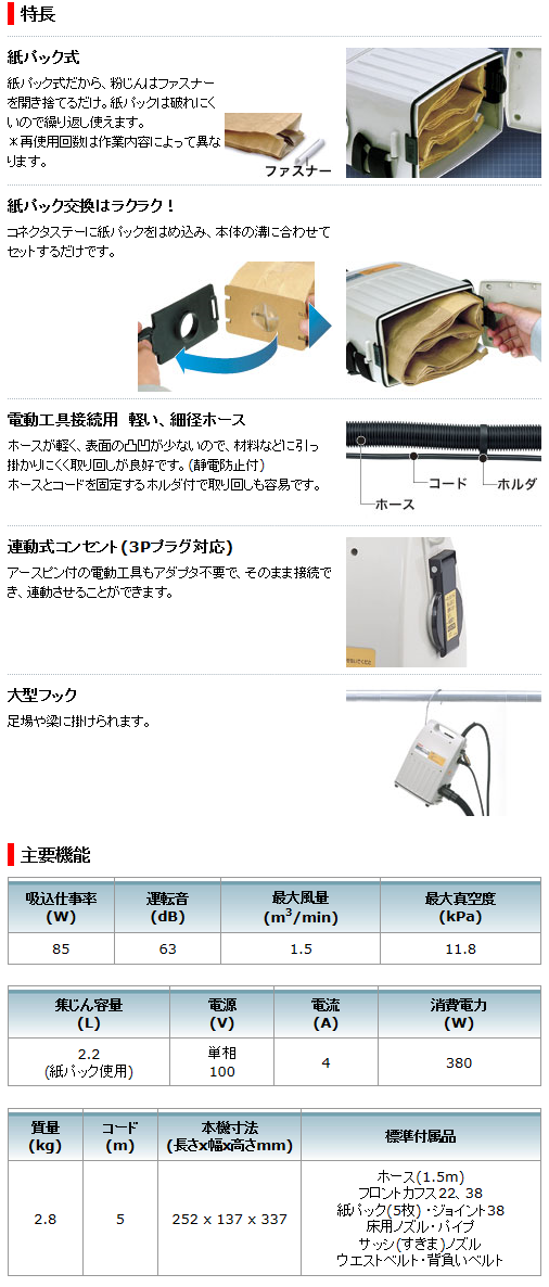 マキタ 電気式携帯用集じん機 421S(P) 集じん容量2.2Lの通販｜プロの道具館