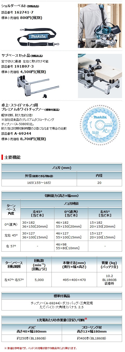 マキタ 18V 165㎜充電式スライドマルノコ LS610DRG/DZ