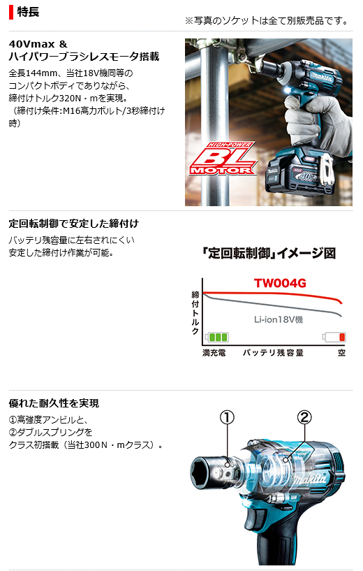 マキタ 40Vmax 2.5Ah 充電式インパクトレンチ TW004GRDXの通販 マキタ 40Vmax 2.5Ah 充電式インパクトレンチ TW004GRDXの通販