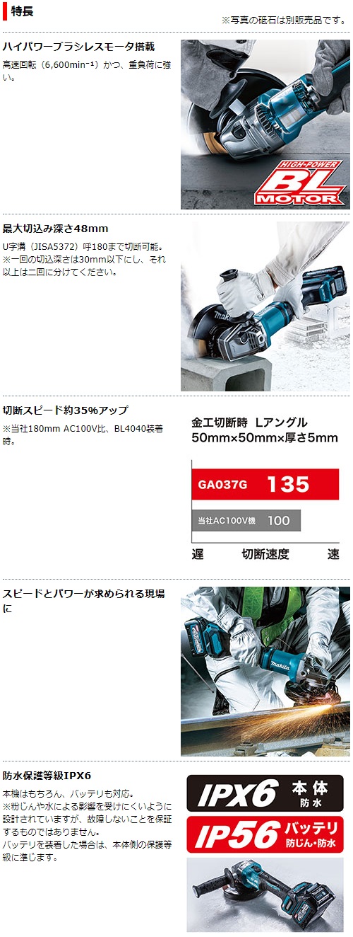 マキタ　40Vmax　180mm充電式ディスクグラインダ　GA037GZ　本体のみ　パドルスイッチ